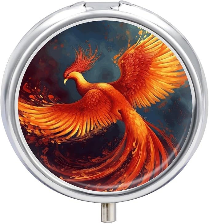 Orange Red Phoenix Pill Box Travel Pill Case for Purse Pocket Weekly Medicine Organizer with Mirror 3 Compartment Round Medicine Case Portable PillcaseHolder for Daily