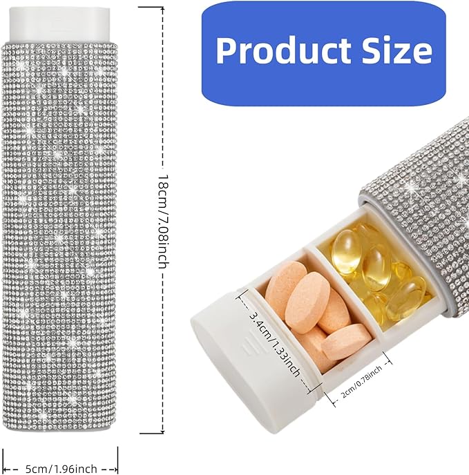 Pill Case for Purse Bling 7-Day Pill Organizer Weekly Compact Medicine Containers Travel Medication Box Holder for Traveling Women(White)