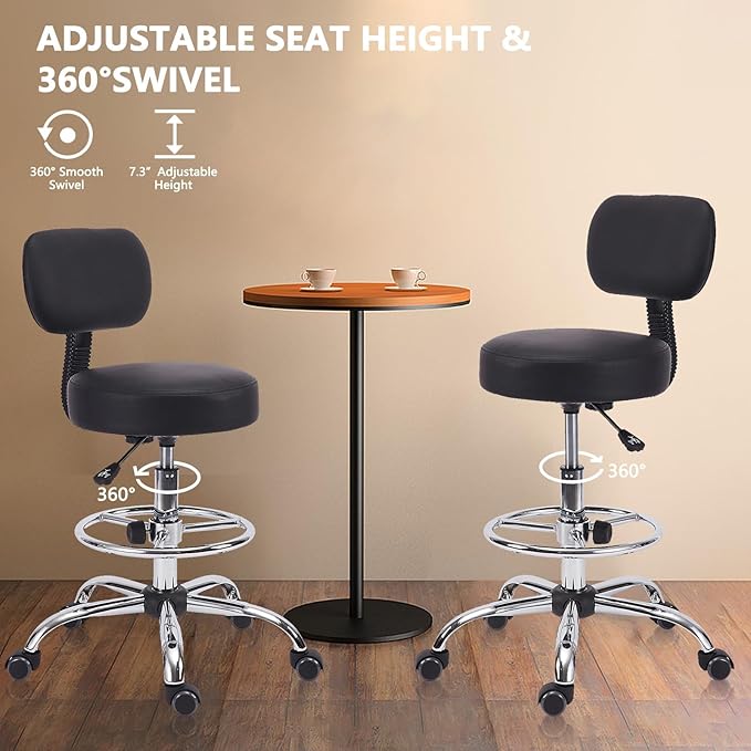 Drafting Stool Chair with Ergonomic Backrest & Footrest, Padded Leather Seat Adjustable Height 360° Swivel Rolling Stools, Tall Office Chair for Standing Desk, Counter, Medical, Black, 2 Pack