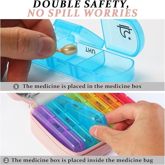 Weekly Pill Organizer 3x a Day, Travel Pill Box 7 Day for Purse, Daily Pill Organizer with Zipper Bag, Pill Dispenser Medicine Organizer for Vitamins, Fish Oils, Medications, Supplements(Pink, Medium)