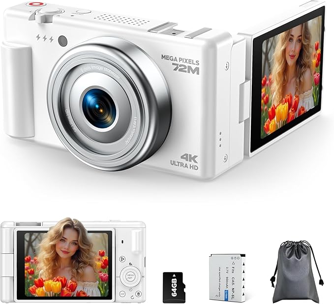 4K Digital Camera with Flip Screen, CCD Camera for Students, Compact Travel Cameras for Photography, 18X Digital Zoom Vlogging Cameras for YouTube, Ideal for Bignners Boys Girls Kids