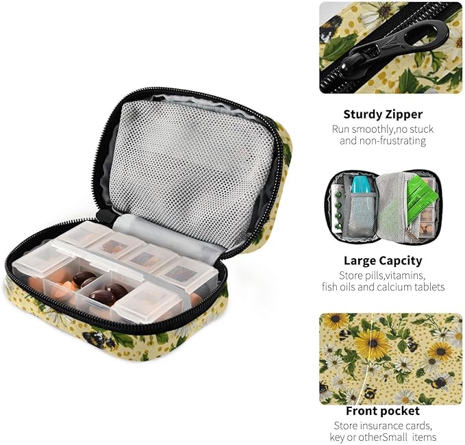 Yellow Dotted Bee and Daisy Travel Pill Organizer Case Box Container Weekly Portable Vitamin Medicine Holder Storage Bag with Zipper Removable