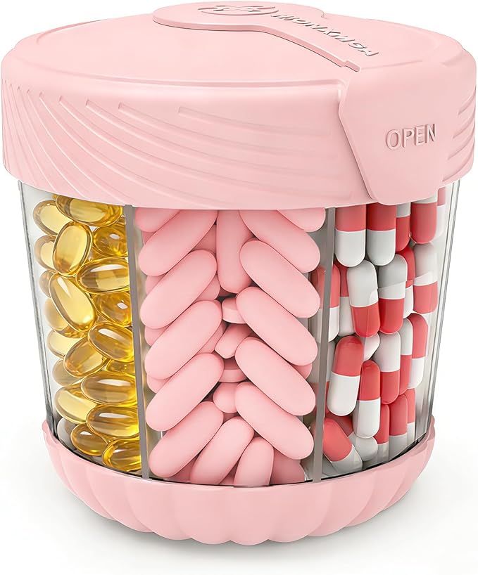 Cute Pill Dispenser with 7 Large Compartments, Portable Pill Bottle Organizer with Wide Opening for Travel, Anti-Mixing Pill Container, Shatterproof BPA-Free, Includes 20 Pcs Labels, Pink