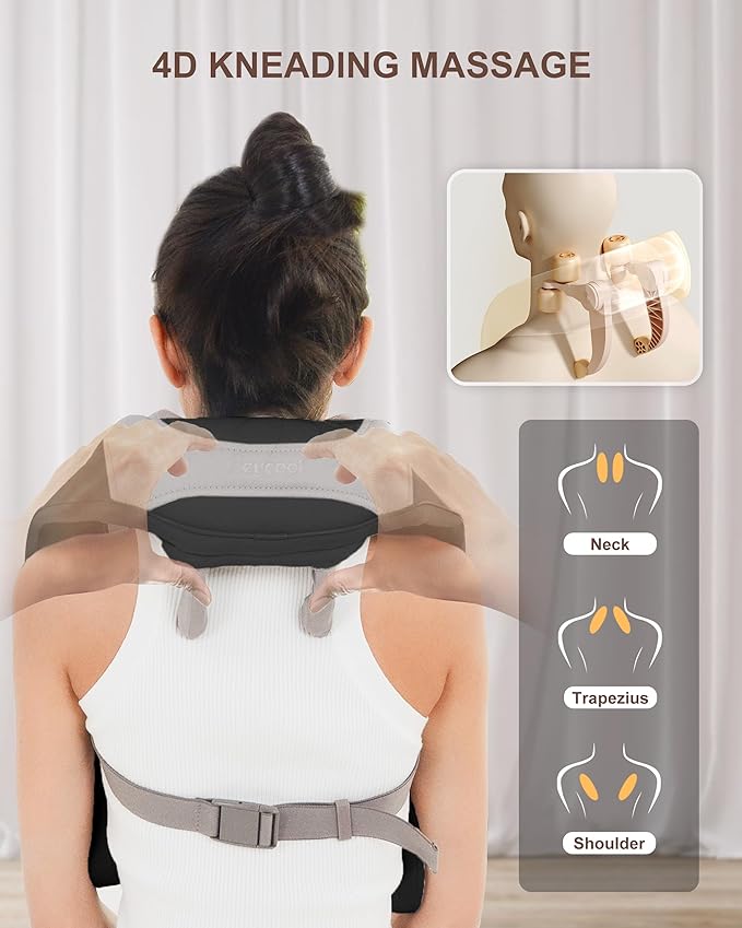 4D Shiatsu Neck Massager with Heat, Cordless Back and Neck Massager, 3 Speeds & 3 Heating Level, Lightweight Portable Shoulder Massager for Tech Neck & Commuters, Gifts for Men Women