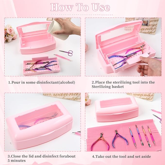 Nail Tool Sterilizer Box, Plastic Sterilizing Tray, Plastic Clean Sterilizing Box Storage Organizer for Nail, Tweezers, Eyelash Extensions, Hair Salon, Spa & Cutter Manicure Equipment (Pink)