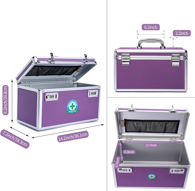 Locking Box with Portable Storage Case, 14.2''x 7.2''x 8.2''，Childproof Medication Lock Organizer, Lockbox for Documents，Medicine & Valuables (Purple/Large)