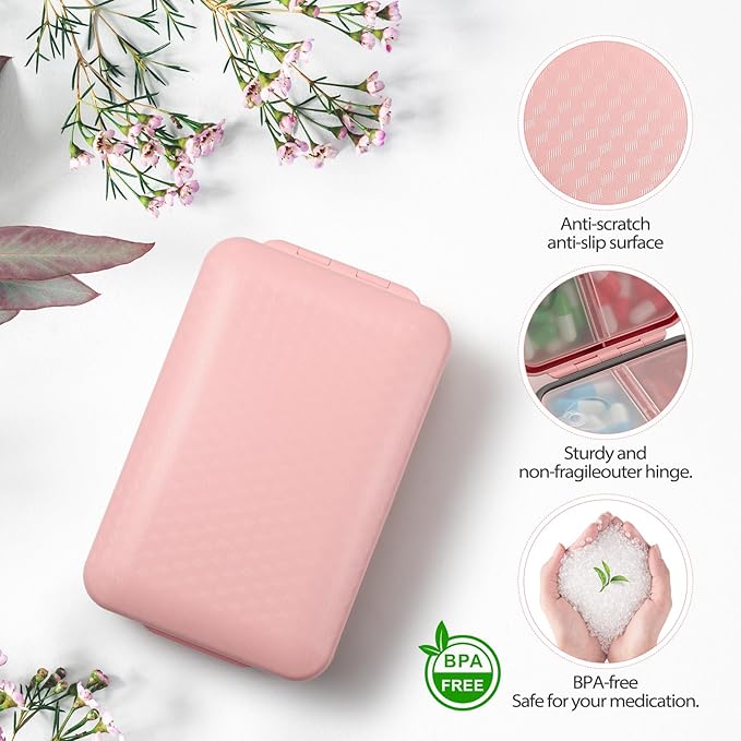 Daily Pill Organizer, 8 Compartments Portable Pill Case Travel Pill Organizer, Pill Container Large for Purse Pocket to Hold Vitamins, Cod Liver Oil, Supplements and Medication, Pink