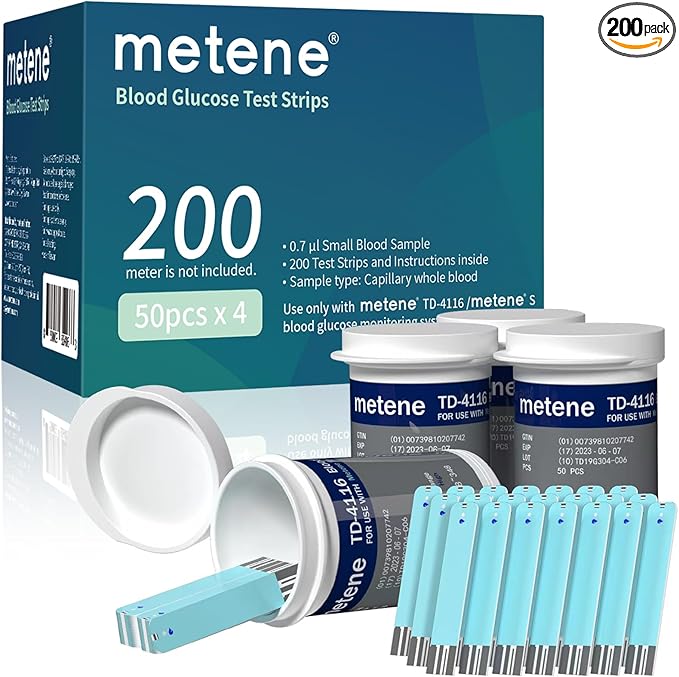 Metene TD-4116 Blood Glucose Test Strips, 200 Count Test Strips for Diabetes, Use with metene TD-4116 and metene S Blood Glucose Monitor Only(No Monitor)