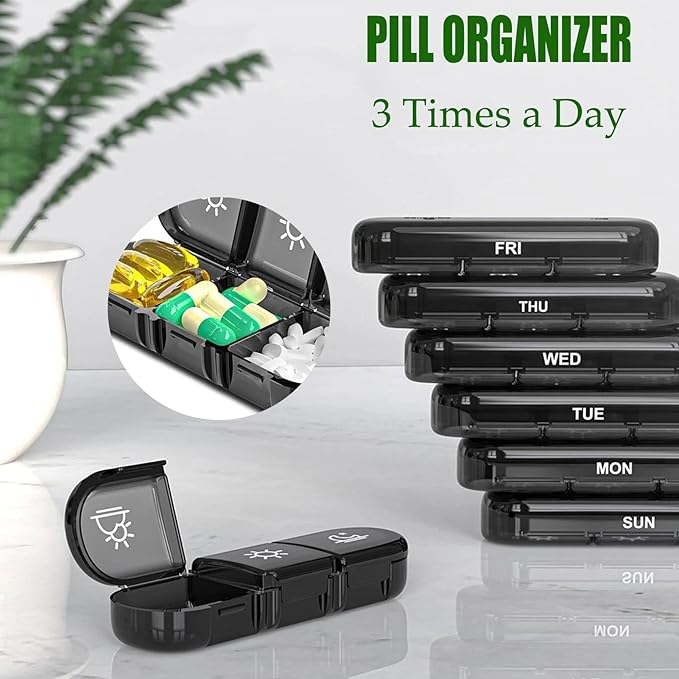 Weekly Pill Organizer 3 Times a Day, Travel Essentials for Women 7 Day Morning and Night Pill Case, Black Daily Am Pm Pill Box for Medication, Vitamins, Fish Oils, Supplements