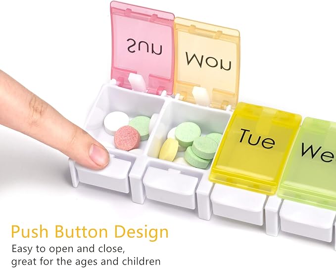 2 Pack Weekly Pill Organizer Vitamin Holder, DOSMAMZ 7 Day Travel Pill Box with Large Compartments, Push Button Design Medication Dispenser Case (Rainbow)