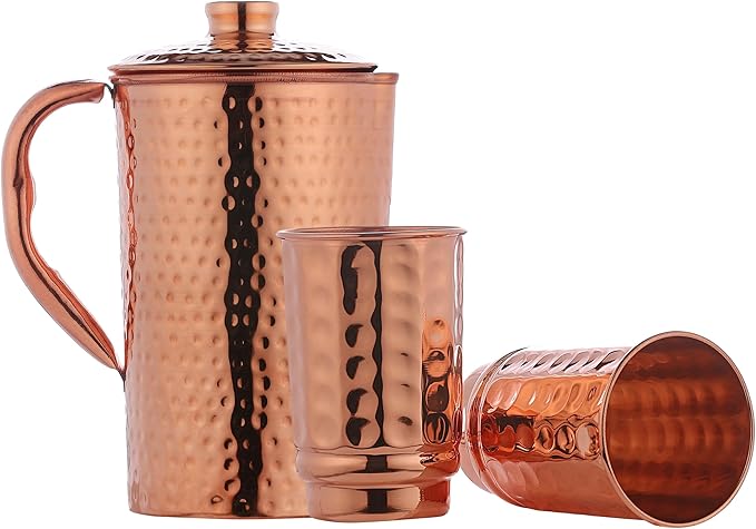 Copper Pitcher with 2 Copper Cups Set | Pure Copper Water Jug & matching tumblers Set for Home & Wellness, Hammered Finish Handcrafted for Daily Hydration & Natural Living
