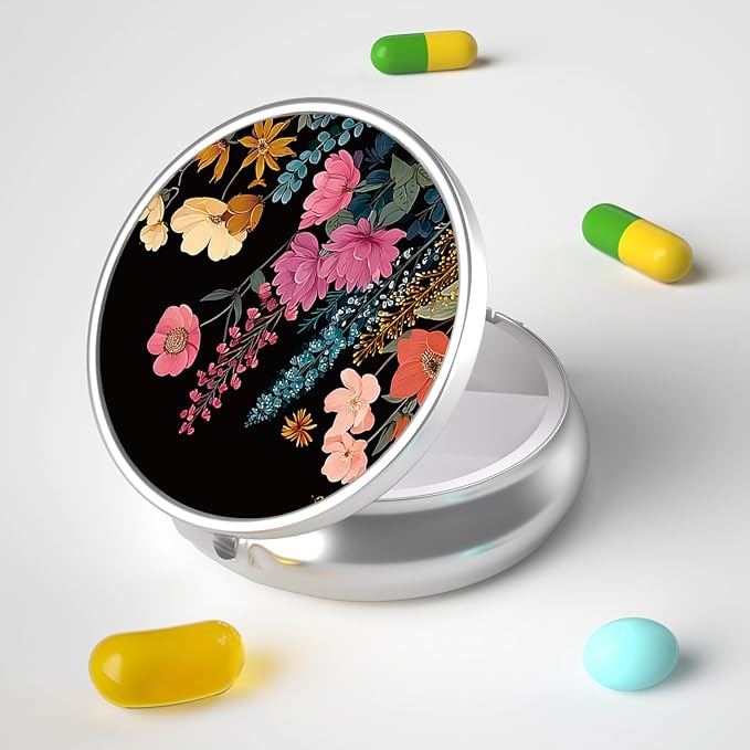 Pill Box, 3 Compartment Portable Travel Medicine Box with Mirror, Compact and Cute, Fits in Purse and Pocket, Medicine and Vitamin Organizer (Flower Bed)