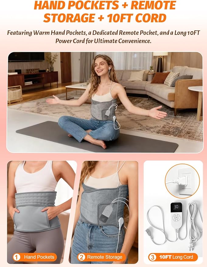 Extended Electric Heating Pad Belt Wrap for Period Cramps Abdomen Waist Lower Back Neck Shoulders Leg Arms Pain Relax with 3 Meters Power Cord Timer Temperature Settings Auto Shut Off Mom Dad Gift