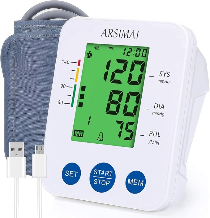 Blood Pressure Monitor Accurate Automatic Upper Arm High Blood Pressure Monitors Portable LCD Screen Powered by Battery with Adjustable Cuff and Storage Bag -White