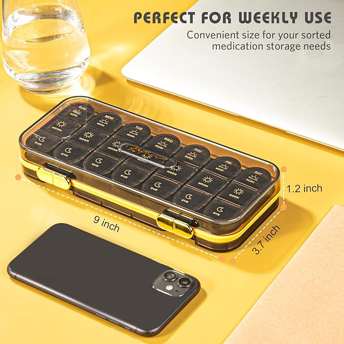 Weekly Pill Organizer/ Dispensers, 3 Times A Day, 7 Day Large Compartments Travel Pill Container/ Box, Moisture-Proof Medicine Case for Fish Oil Vitamins Pills (Transparent Black)