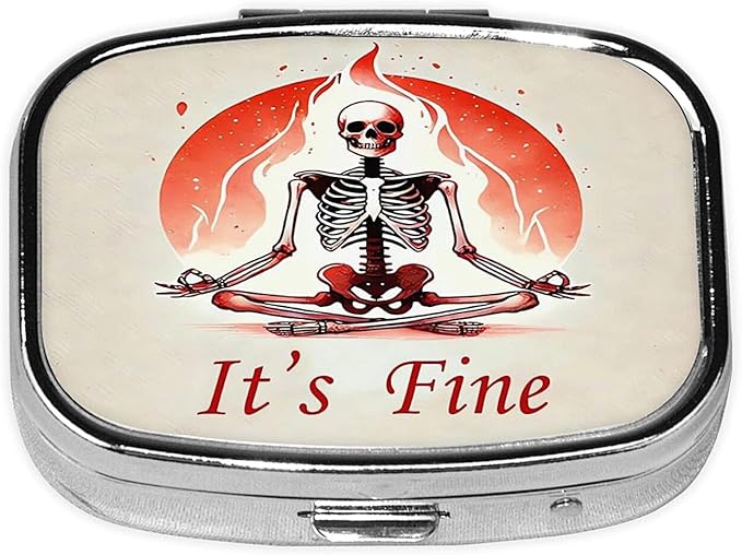 ABLESKY Pill Box, 2 Compartment Pill Organizer Case for Pocket or Purse, Small Portable Metal Travel Medicine Box with Mirror, Daily Vitamins Fish Oil Container-Skull Yoga It's Fine