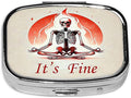 ABLESKY Pill Box, 2 Compartment Pill Organizer Case for Pocket or Purse, Small Portable Metal Travel Medicine Box with Mirror, Daily Vitamins Fish Oil Container-Skull Yoga It's Fine