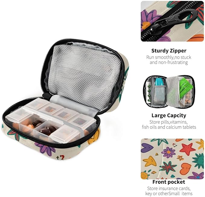 Beige Doodle Star Heart Rainbow Travel Pill Organizer Case Box Container Weekly Portable Vitamin Medicine Holder Storage Bag with Zipper Removable