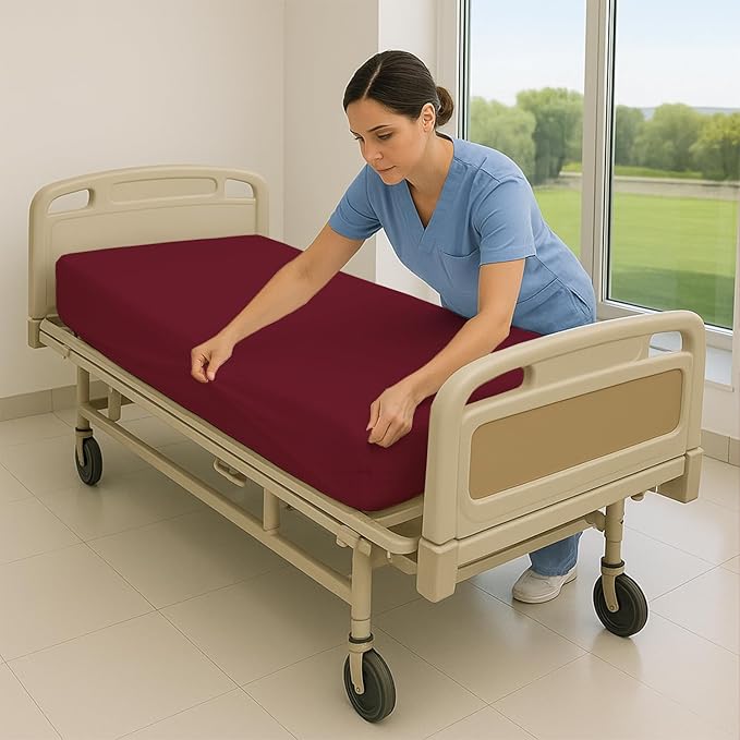 6 Pack Fitted Hospital Bed Sheets - Soft Microfiber Hospital Fitted Sheet - Hospital Bed Fitted Sheets (Burgundy, 36" x 84" x 12")