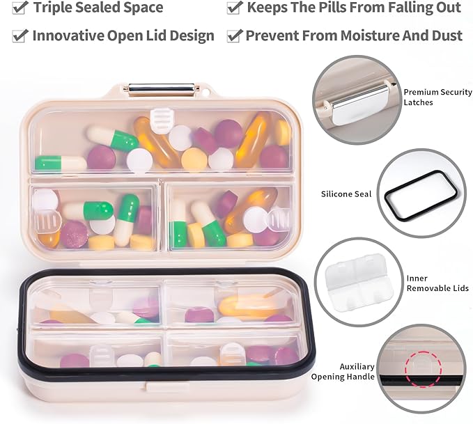 Daviky Travel Pill Organizer,Large 7-Compartment Pill Box for Vitamins & Medications, Compact Medicine Case for Pocket or Purse(White)