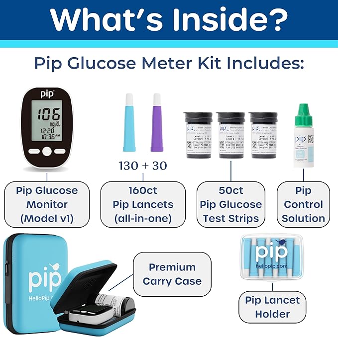 Pip Glucose Monitor Kit with 150 Test Strips and 160 Lancets - Complete Blood Sugar Testing Kit for Diabetes Care at Home | Includes Glucometer, Lancing Device, Travel Case & Diabetic Test Strips