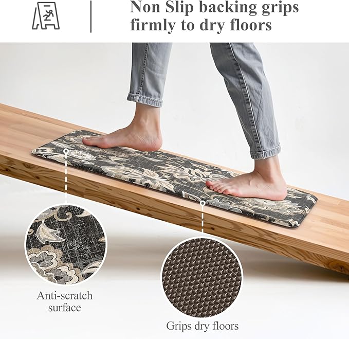 LEEVAN Anti Fatigue Mats for Kitchen Floor 2 Piece,Cushioned Memory Foam Black Kitchen Mats for Floor,Comfort Floral Boho Non Slip Kitchen Floor Mat for Sink,Laundry,Office(17''x29''+17''x47'')