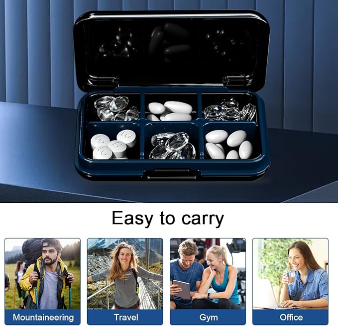 Daily Pill Organizer, Pill Box for Purse - Dtouayz Travel Pill Case, Vitamin Supplement and Medication Dispenser Waterproof 6 Compartment Medicine Holder, Weekly (Six days) Large Pill Container, Black
