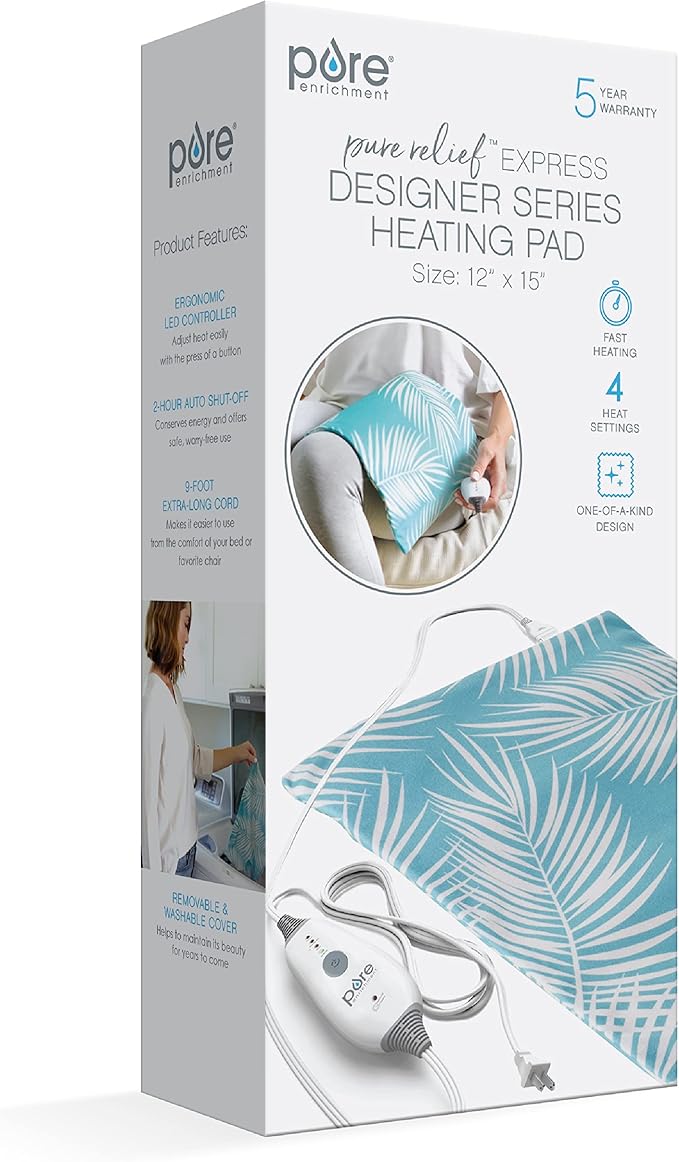 Pure Enrichment PureRelief Express Designer Series Electric Heating Pad - 12” x 15” Fast-Heating with 4 Heat Settings, Machine-Washable Fabric, & 2-Hour Auto Safety Shut-Off - Palm Aqua