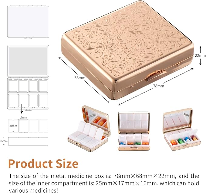 Portable Metal Travel Medicine Box with a Mirror / 8 Compartments (Gold)