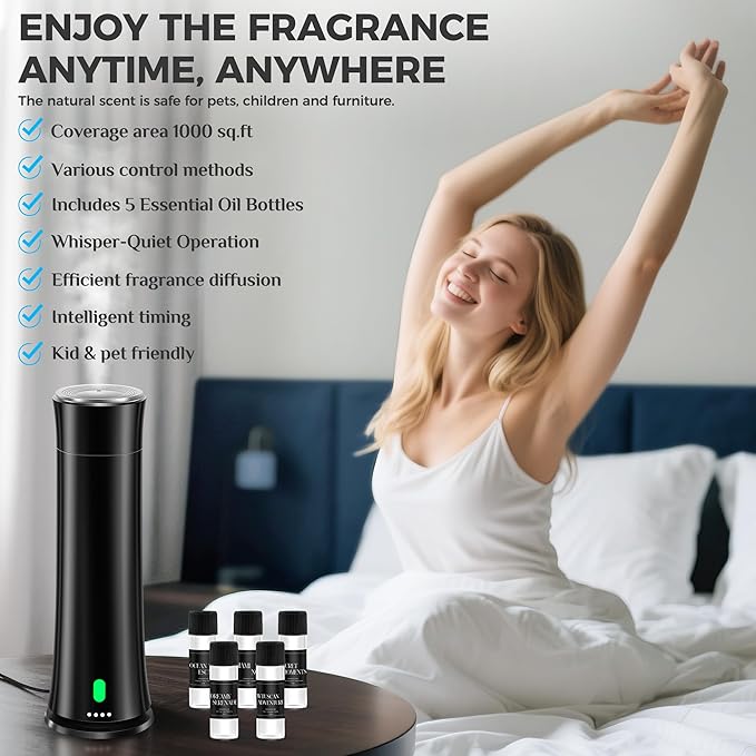 Hotel Scent Diffuser Starter Kit - 1500 Sq Ft Coverage, Hotel Scents Collection, Suitable for Waterless Diffuser Large Room, Contains Five Aromatherapy Essential Oils, Remote Control, Black