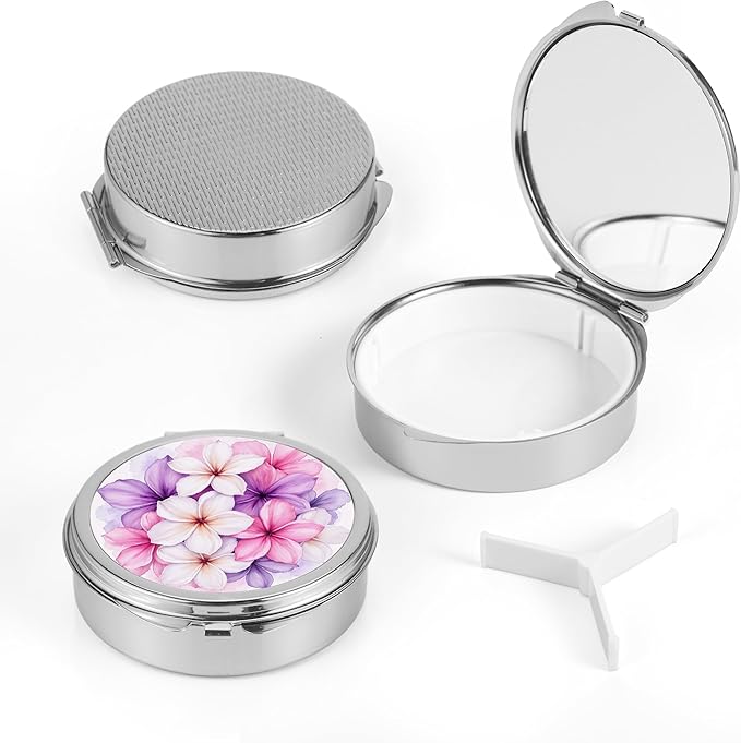 Dynippy Pill Case Pill Box with Mirror Pocket 3 Compartment Medicine Case Vitamin Pill Organizer for Pocket Purse and Travel (Round, Silver-BloomBurst)