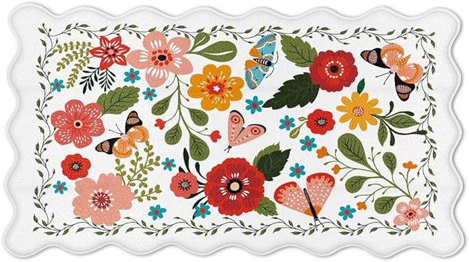 Scalloped Kitchen Mats for Floor Cushioned Anti Fatigue Kitchen Mats Rugs Waterproof Non Slip Farmhouse Boho Floral Comfort Foam Standing Mat for Sink Laundry, White, 17.3x30