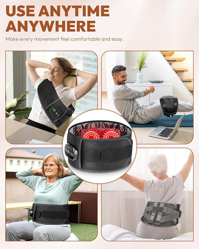 Red Light Therapy Belt for Body, Cordless Infrared Light Therapy Belt with Heating Vibration Massage, Portable Lower Back Massager for Back Shoulder Waist Red Light Therapy Wrap (Black)
