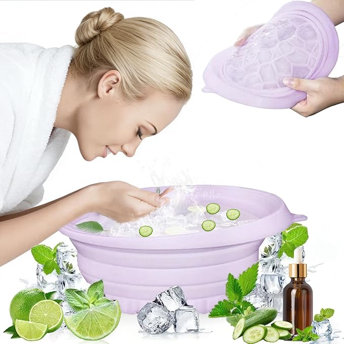 Face Tub for Ice Bath with Built-in Ice Tray – Collapsible Silicone Facial Ice Bath Bowl for Cold Plunge Therapy, Skin Tightening & Acne Relief – Portable Spa Tool for Home & Travel(Purple)