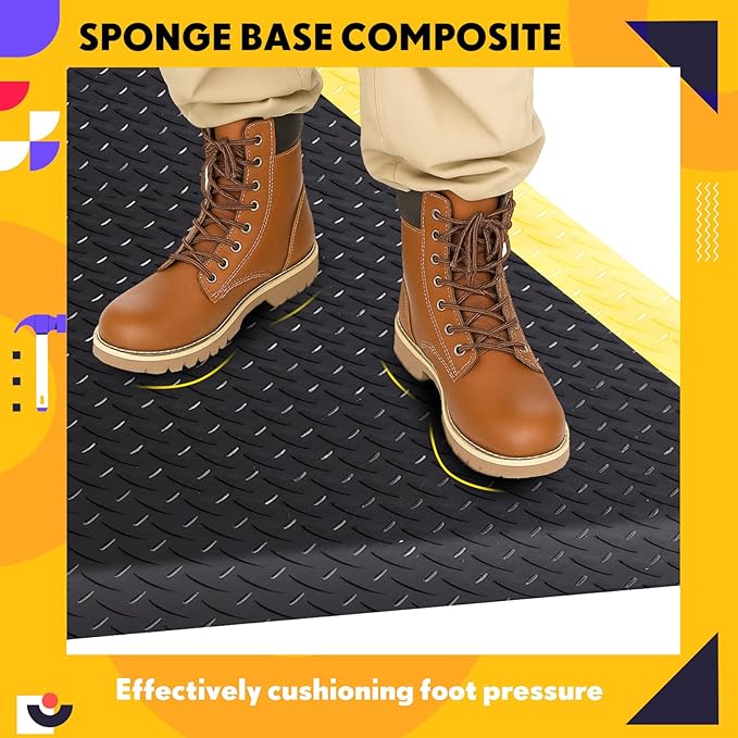 1 Pcs 2'x6' Anti Fatigue Mat Industrial, ESD Conductive Pad with Ground Wire, Heavy Duty Ergonomic Standing Floor Mat for Commercial Work, Shop Stand, Thick 3/4" Black with Yellow Border
