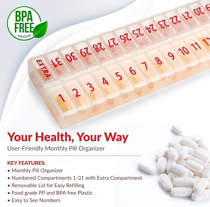 Large Pill Organizer Monthly 32 Compartments - 30 Day Pill Organizer 1 Time A Day, Large Compartment Box for Medications, BPA-Free Plastic, Removable Lid for Easy Loading Medicine, Vitamins, Clear