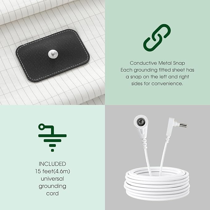 Ivellow Grounding Sheets King 10% Pure Silver Fiber 90% Organic Cotton Sheets King Size 16” Deep Pocket Soft Breathable Grounded Sheet Earth Connected Bedding White Fitted Sheet with Grounding Cord