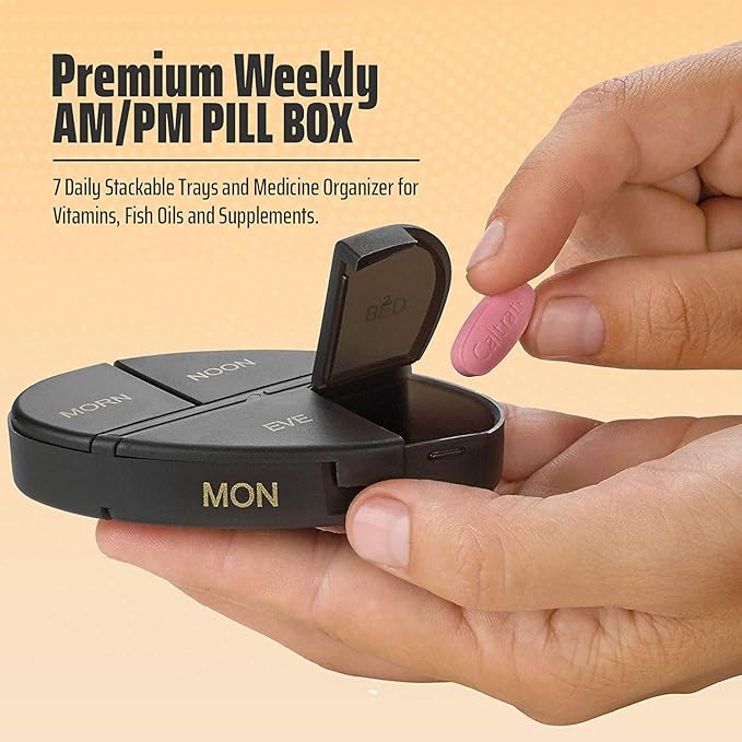Daily Pill Organizer - (4 Times a Day) Stackable Medication Reminder - Premium Weekly AM/PM Pill Box with 7 Daily Stackable Trays and Medicine Organizer for Vitamins and Supplements, Gold, Case of 40