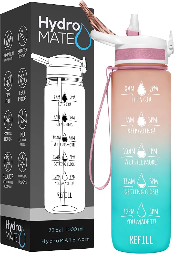 NatureWorks HydroMATE 32 oz Water Bottle with Time Markings Hourly BPA Free Reusable Leak Proof with Straw and Carrying Strap 1 Liter