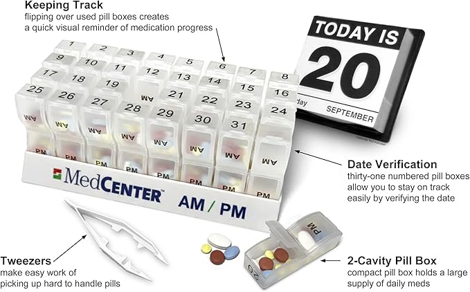 MedCenter AM/PM Pill Organizer HSA/FSA – 31 Day Monthly Pill Box with 2 Daily Compartments (AM & PM), Easy-Open Lids, Bonus Pill Box & Tweezers – Medication Organizer for Vitamins & Prescriptions
