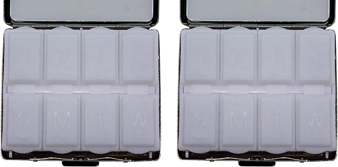 Set of 2 Metal-Plated Weekly (7-Day) Pill Box Case & Portable Medicine Organizer (Gunmetal Victorian)