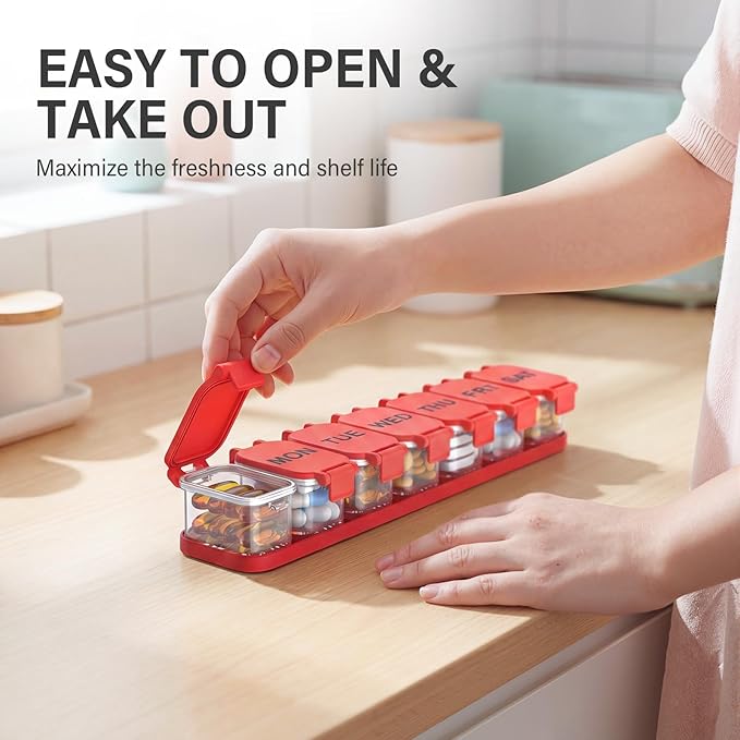 Extra Large Weekly Pill Organizer - Waterproof 7-Day Pill Box, Portable Vitamin & Supplement Case, Easy to Open Design, Ideal for Travel a nd Daily Medication Management (Red)