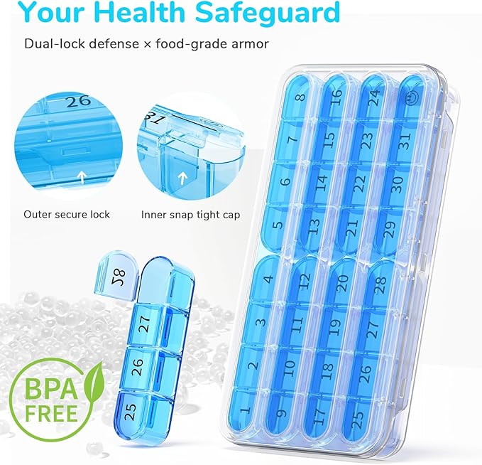 Colorwing 31-Day Premium Monthly Pill Organizer, 4 Weeks Travel Medicine Organizer with 32 Compartments for Daily/Month, 30 Day Pill Box Organizer, Portable Travel Pill Cases（Blue）