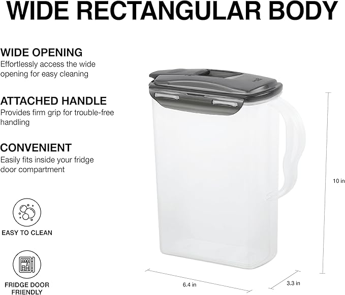 LocknLock Aqua Fridge Door Water Jug with Handle BPA Free Plastic Pitcher with Flip Top Lid Perfect for Making Teas and Juices, 3 Quarts, Gray