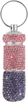 Bling Pill Case Portable Travel Pill Container Bottle Rhinestone Waterproof Small Pill Holder with Keychain Cute Mini Pill Storage Box for Outdoor Camping Case (Pink-Purple)