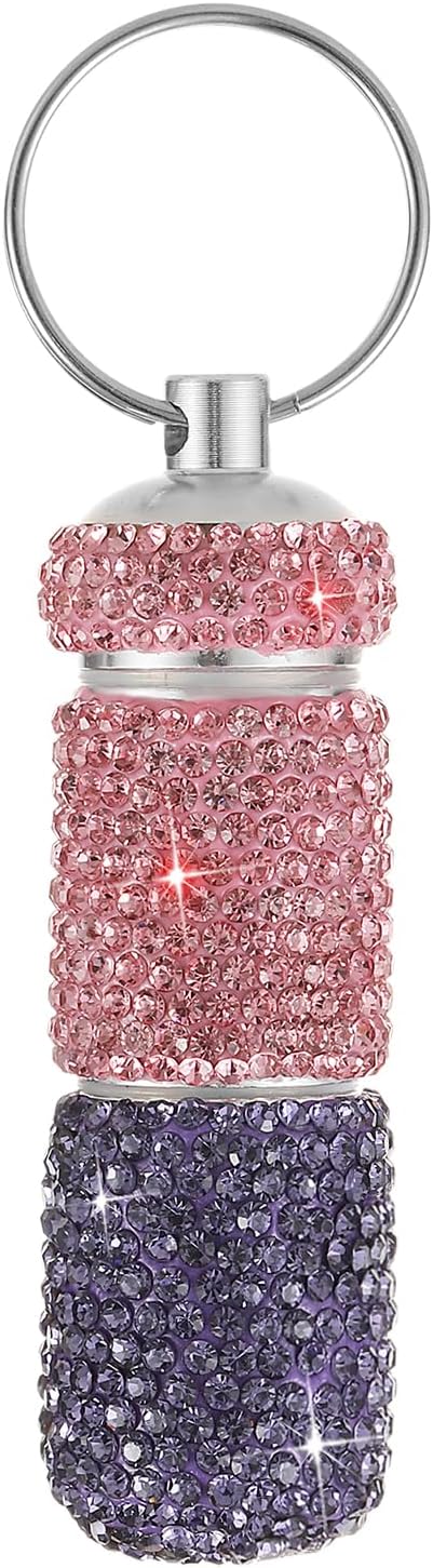 Bling Pill Case Portable Travel Pill Container Bottle Rhinestone Waterproof Small Pill Holder with Keychain Cute Mini Pill Storage Box for Outdoor Camping Case (Pink-Purple)