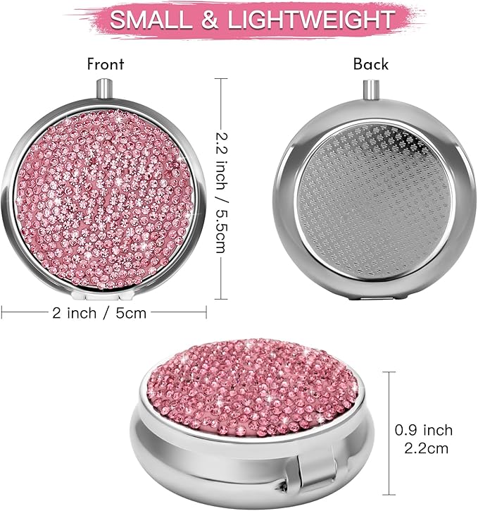 Soleebee Bling Crystal Pill Box, Portable 3 Compartments Daily Pill Organizer, Small Travel Pill Case for Purse or Pocket, Medicine Vitamin Pill Container Organizer (Pink)