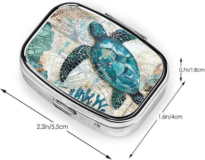 Sea Turtle Starfish Pill Organizer Ocean Nautical Map 2 Compartment Travel Pill Case Medicine Box Metal Vitamin Holder for Pocket or Purse