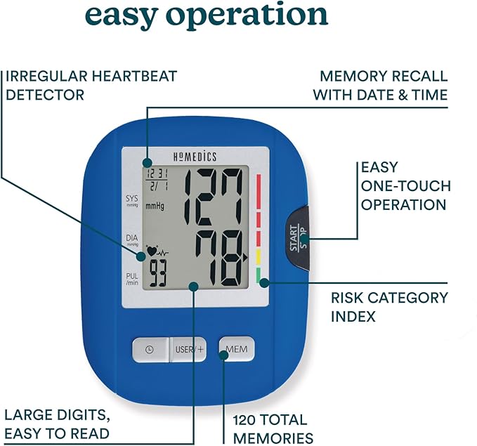 HoMedics Upper Arm Blood Pressure Monitor, Automatic BP Monitor with Easy One-Touch Operation, Stores up to 120 Readings (60 Per User), Standard Sized Blood Pressure Cuff and Storage Bag Included