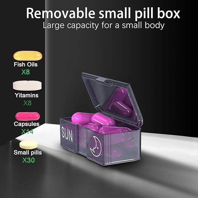 Pill Organizer 7 Day AM PM, Discreet 2 Times a Day Weekly Pill Box with Double Protection Shell, Large Capacity Portable Vitamin Case for Travel Meds & Medicine Organizer (Black)